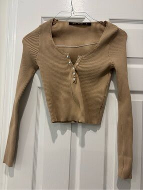 Ribbed Crop Henley Top - Tan